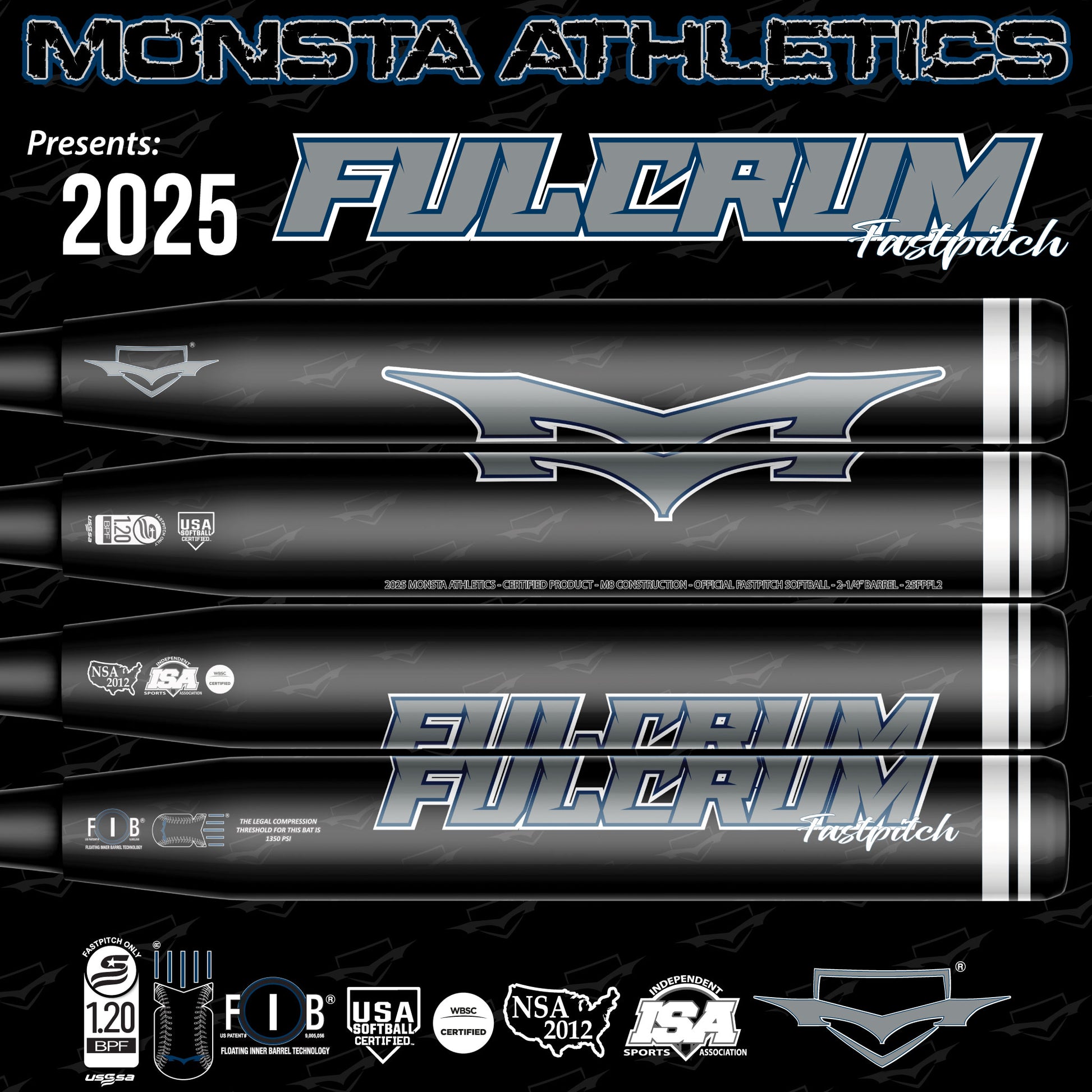 Monsta Athletics Black and Gray 2025 Fulcrum Fastpitch USSSA NSA ISA USA ASA Softball Bat