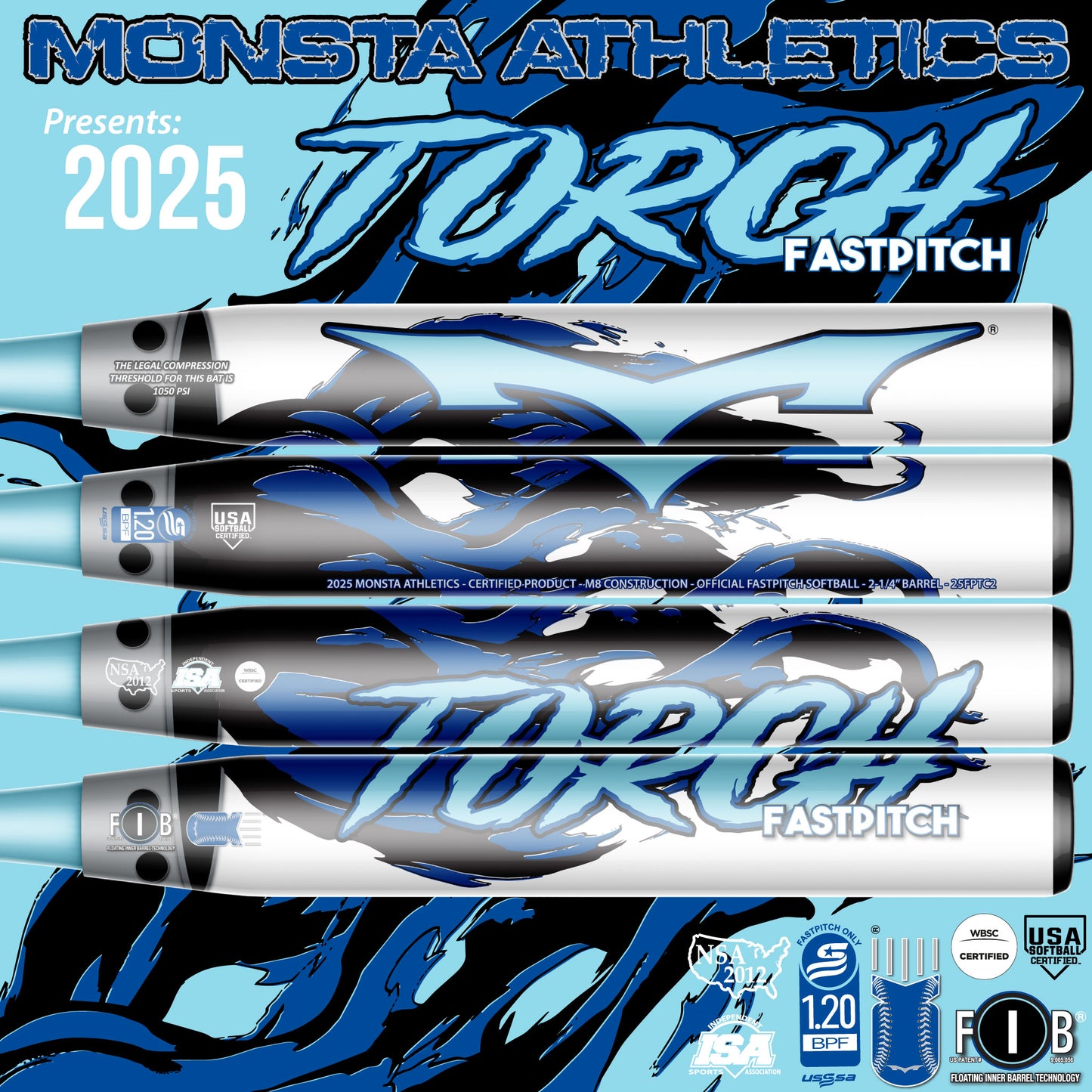 Monsta Athletics White and Blue 2025 Torch Fastpitch USSSA NSA ISA USA ASA Softball Bat