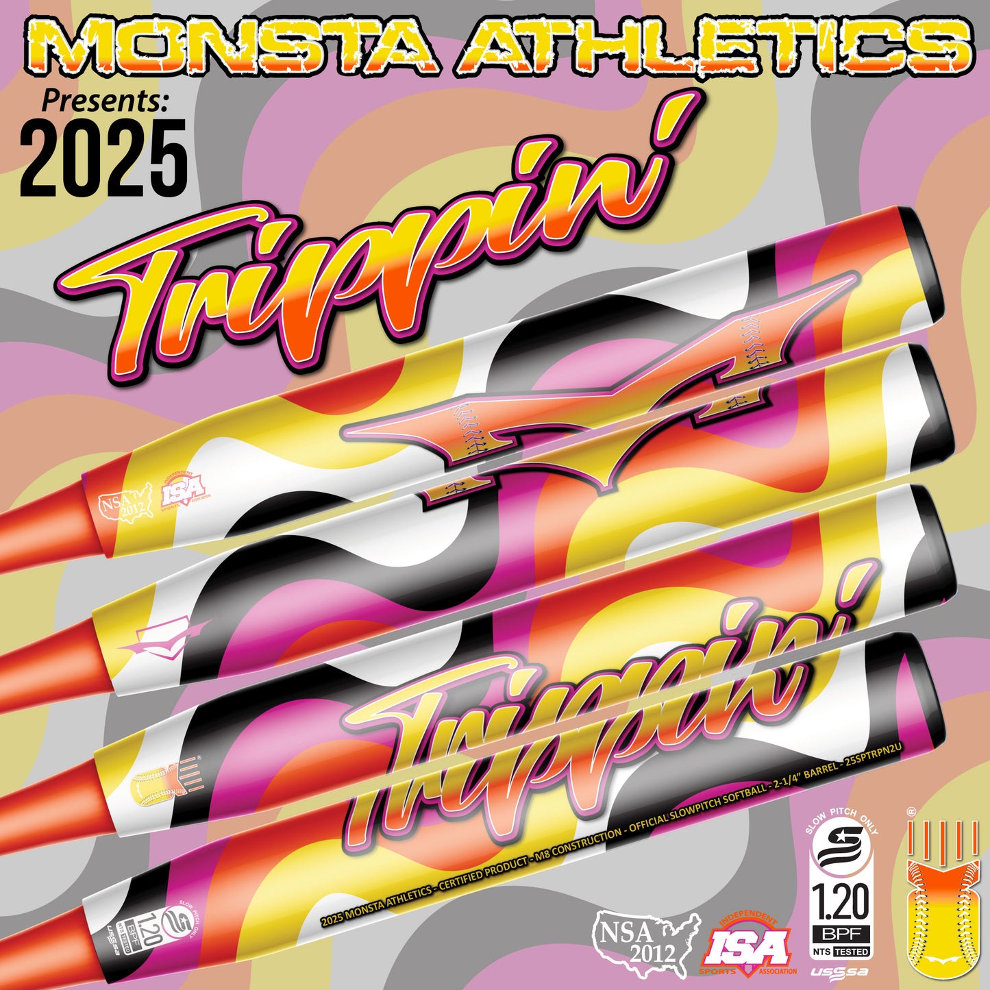 Monsta Athletics Multicolored White Orange Purple Yellow Black 2025 Trippin USSSA NSA ISA Slowpitch Softball Bat