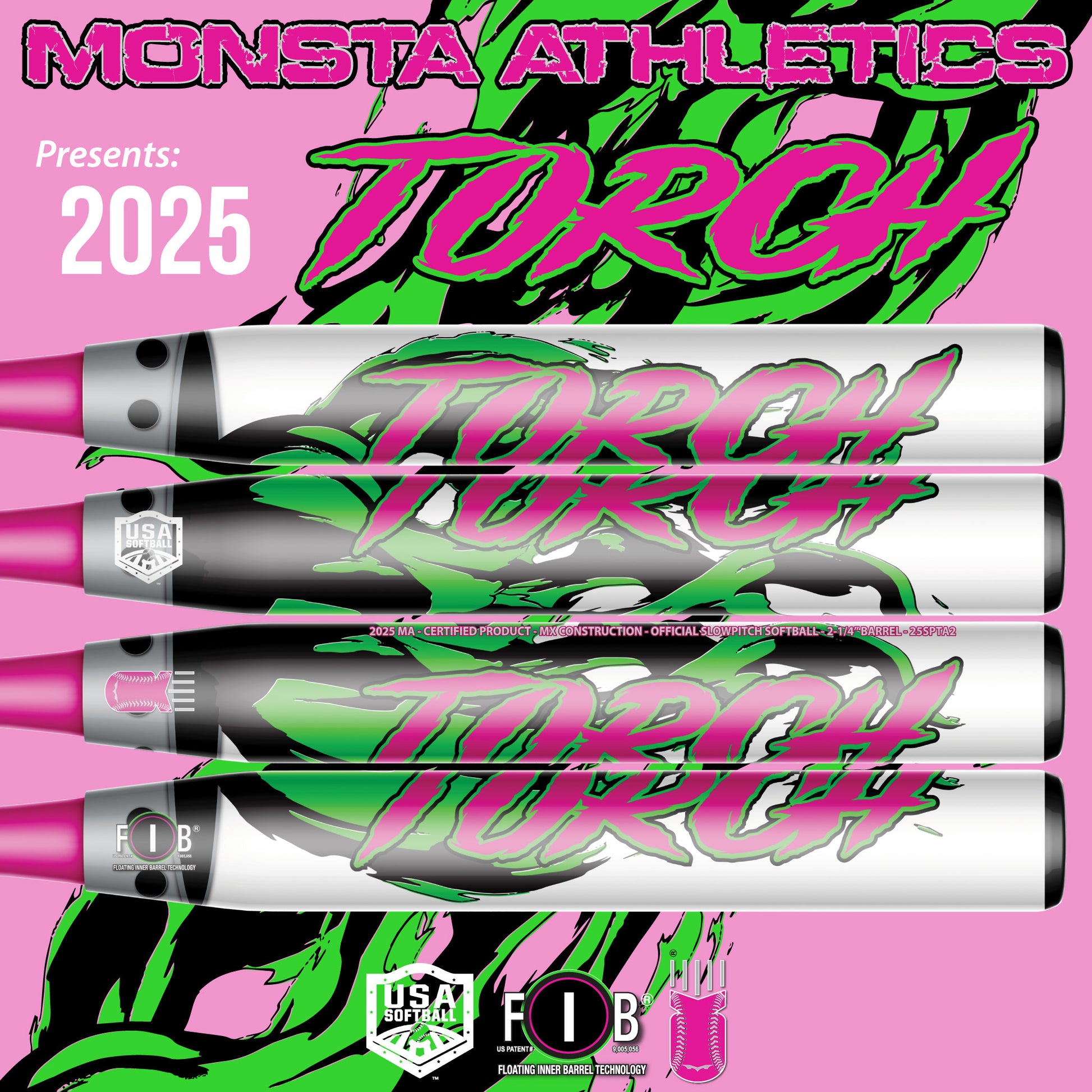 Monsta Athletics, White Background, Green and Black Flame, "Torch" in Pink, 2025 Torch USA ASA Slowpitch Softball Bat